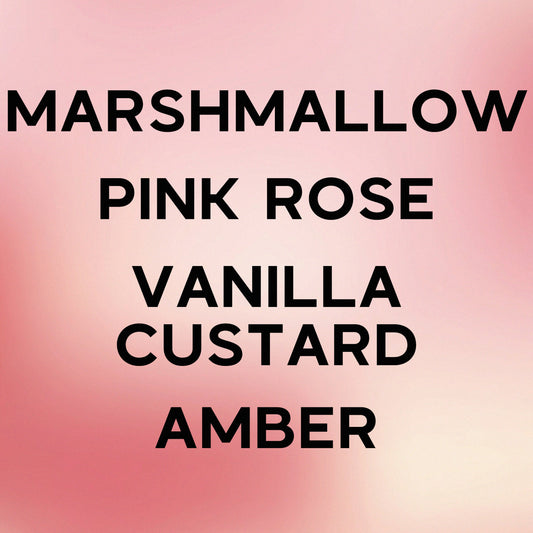 Text listing fragrance notes on a pink gradient background