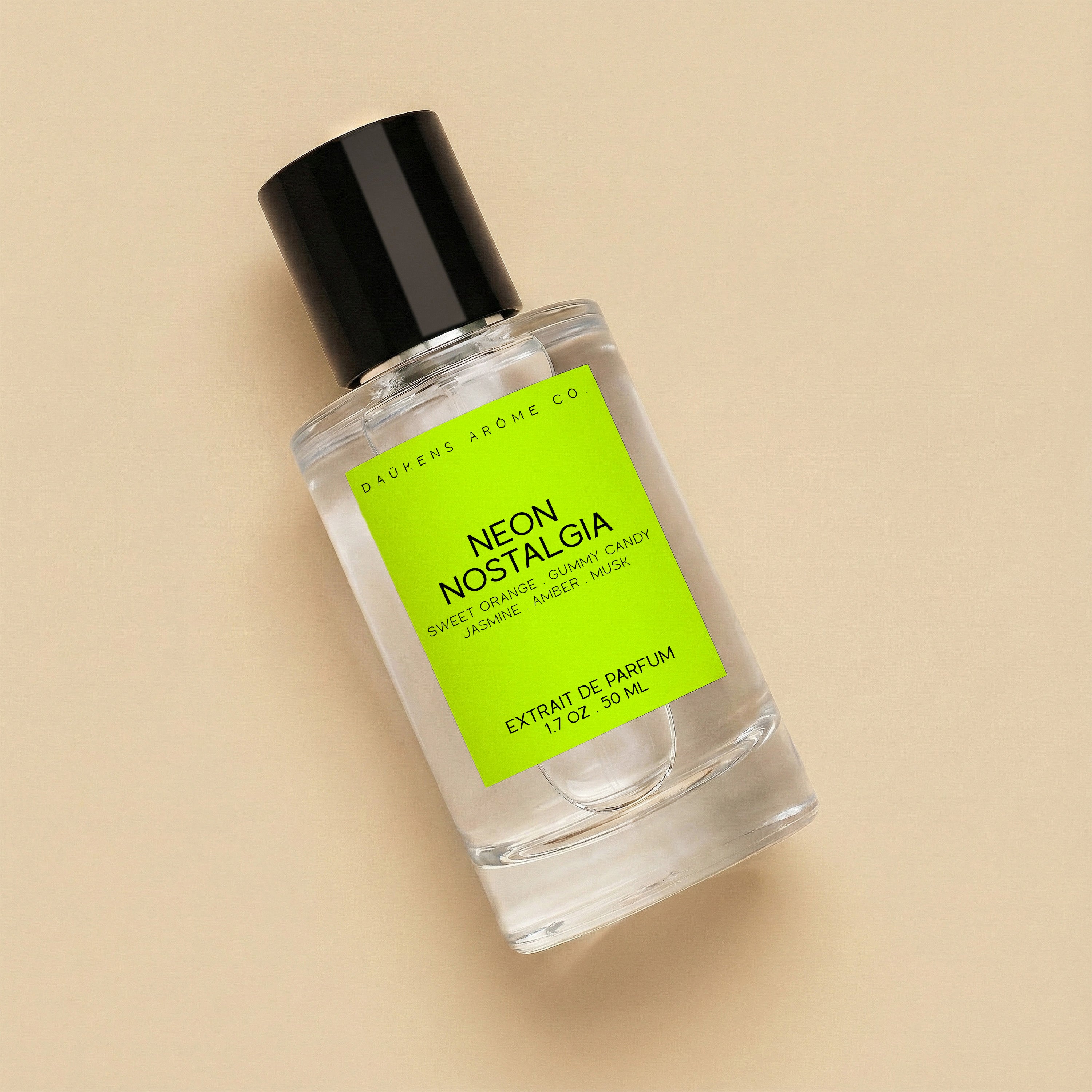 Perfume bottle labeled 'Neon Nostalgia' on a beige background