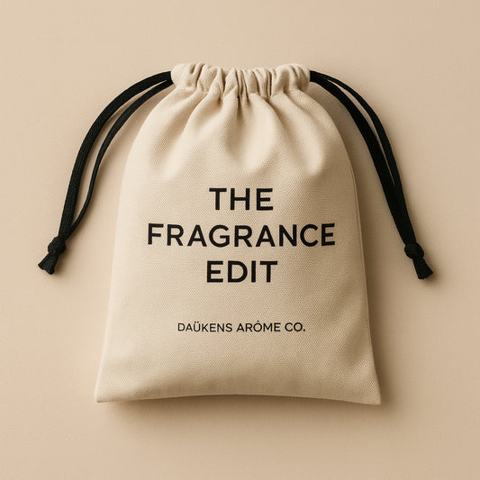 Beige drawstring bag with 'The Fragrance Edit' text on a beige background